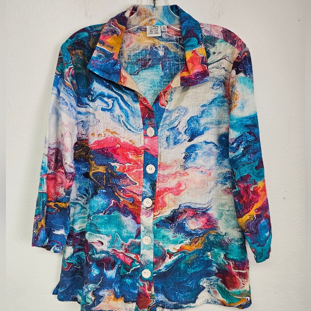 Parsley & Sage Tunic Blouse Multicolor Button Front Sz L Whimsy Art To Wear